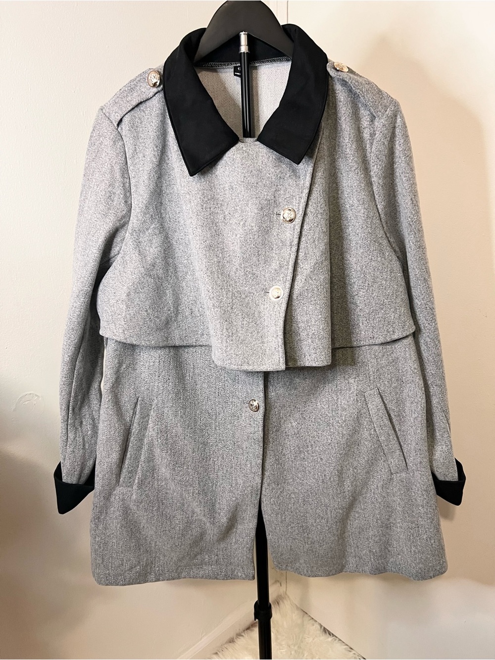 Gray Wool-Blend Trench Coat with Black Collar